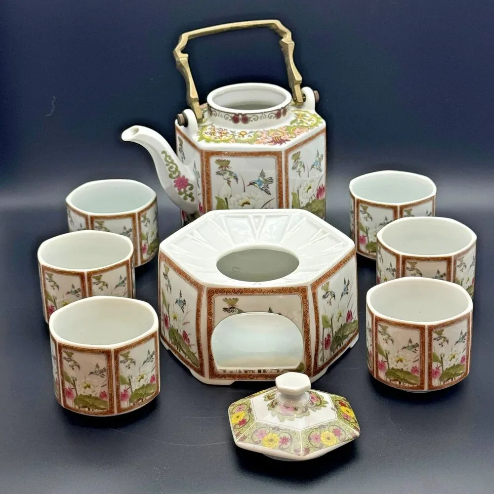 Toyo Ming Lotus Japan Porcelain Tea Warmer Set Teapot 6 Cups Hexagon Chinoiserie